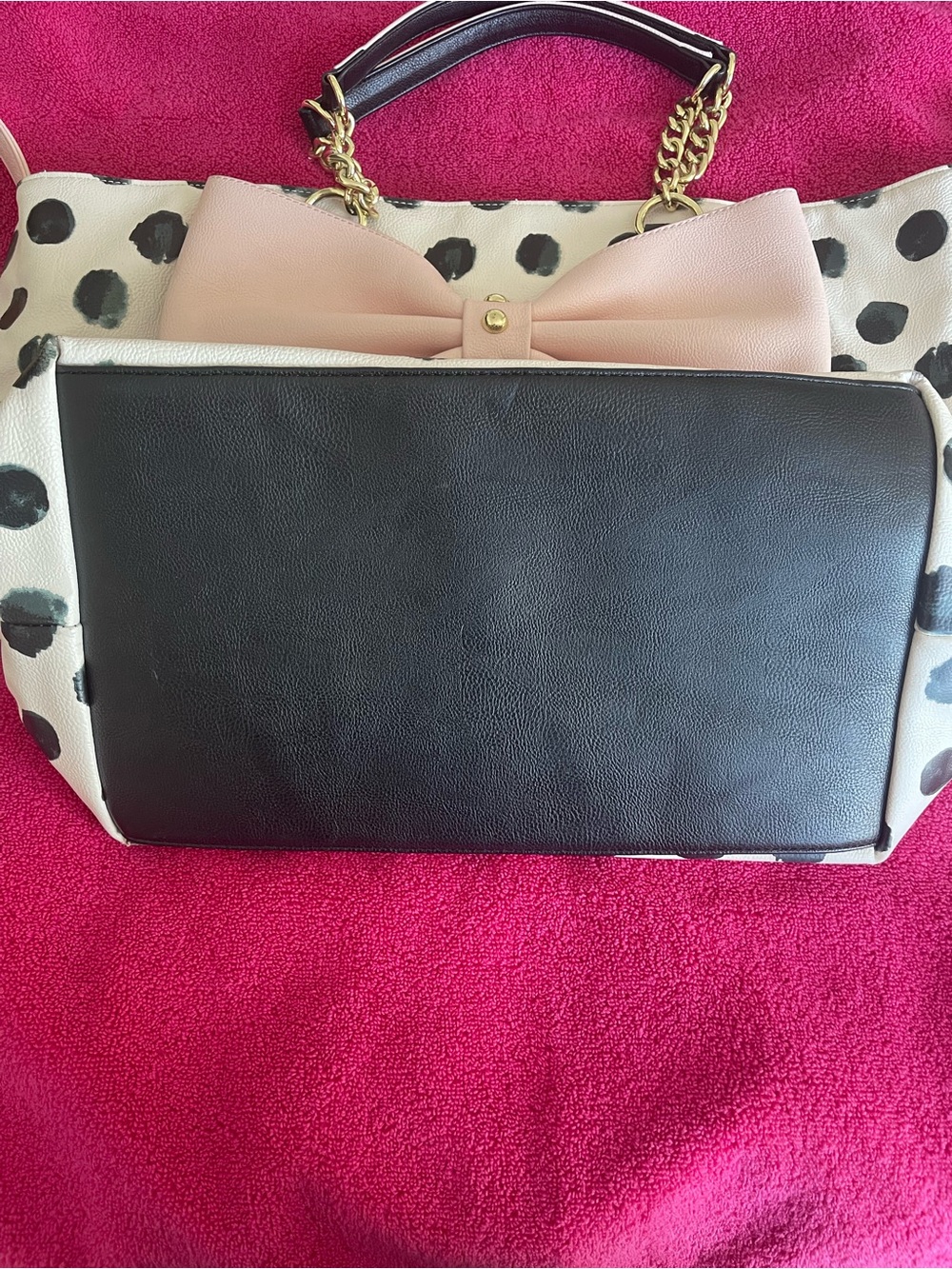 Betsey Johnson White & Black Polka Dot Tote with Pink Bow - Picture 3 of 9